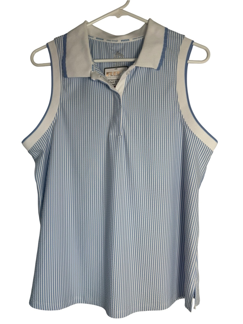NWT RBX Blue & White Seersucker Striped Sleeveless Large Polo Tank